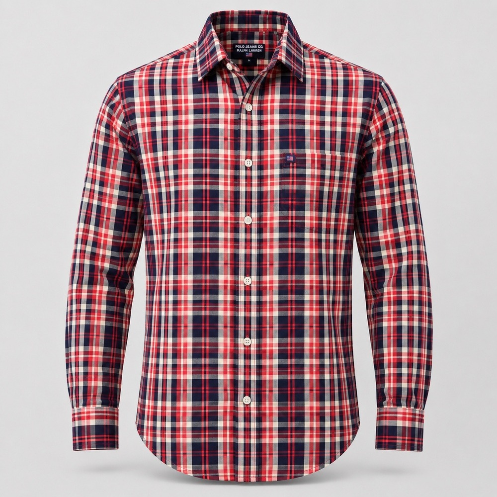 Polo Jeans Co Ralph Lauren Mens M Red Plaid Cotton Button up Heritage Collegiate
